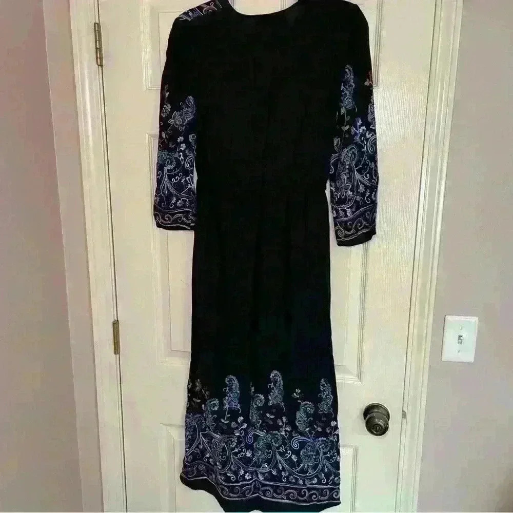 Embroidered ReneeC Black Multicolor Print Boho Maxi Dress Bohemian Peasant Lined - Picture 6 of 9